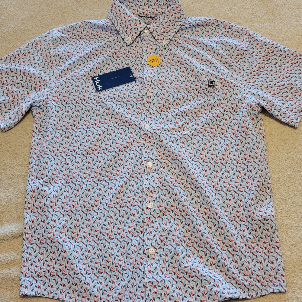 Huk Men's Casual Button Down Shirt - Blue and Red Pattern